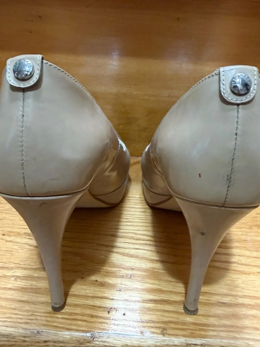 MICHAEL Michael Kors York Platform Nude Peep-Toe Patent Leather Heels